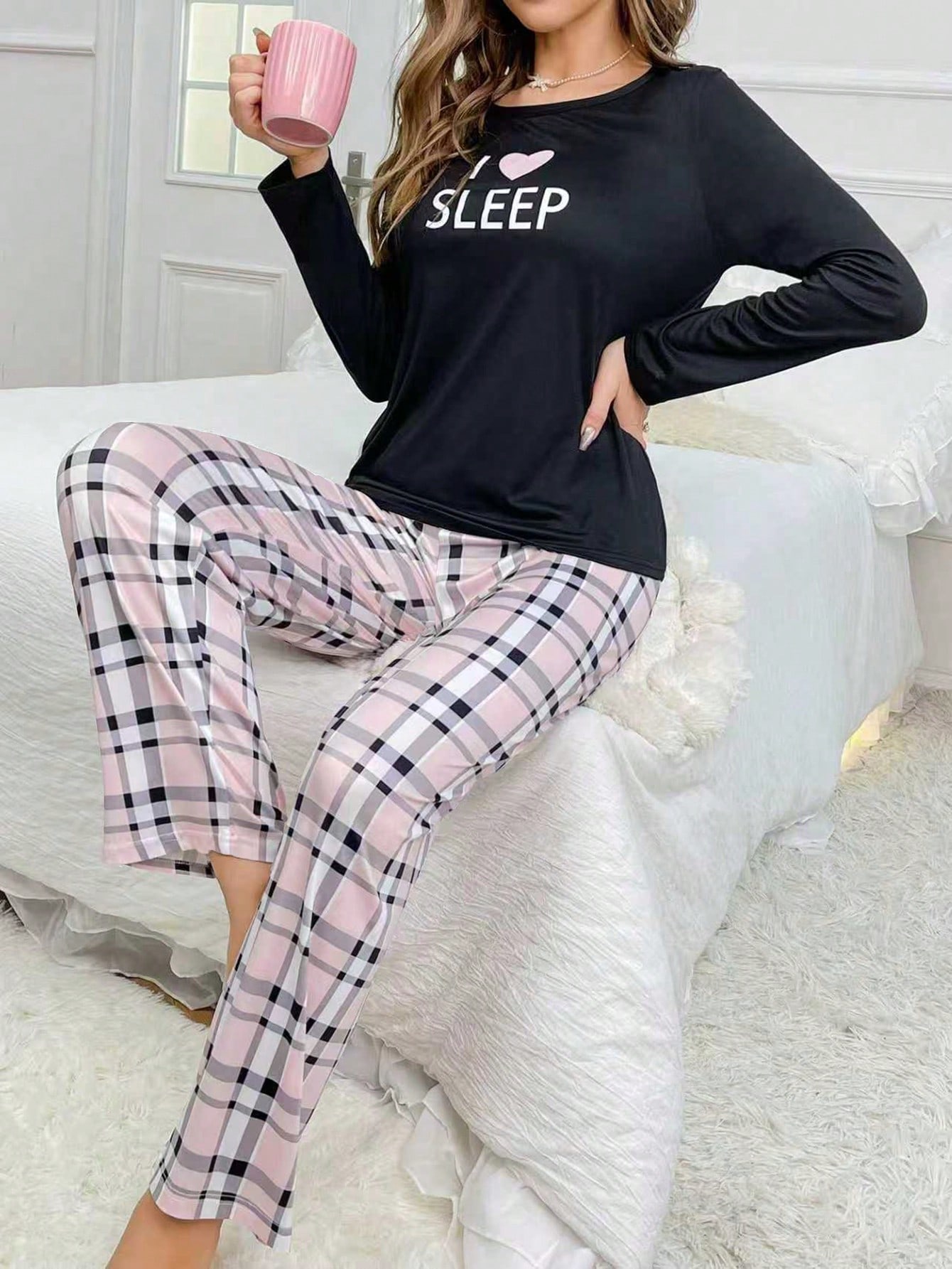 Letter Graphic Tee & Plaid Pants PJ Set / Pajama Set