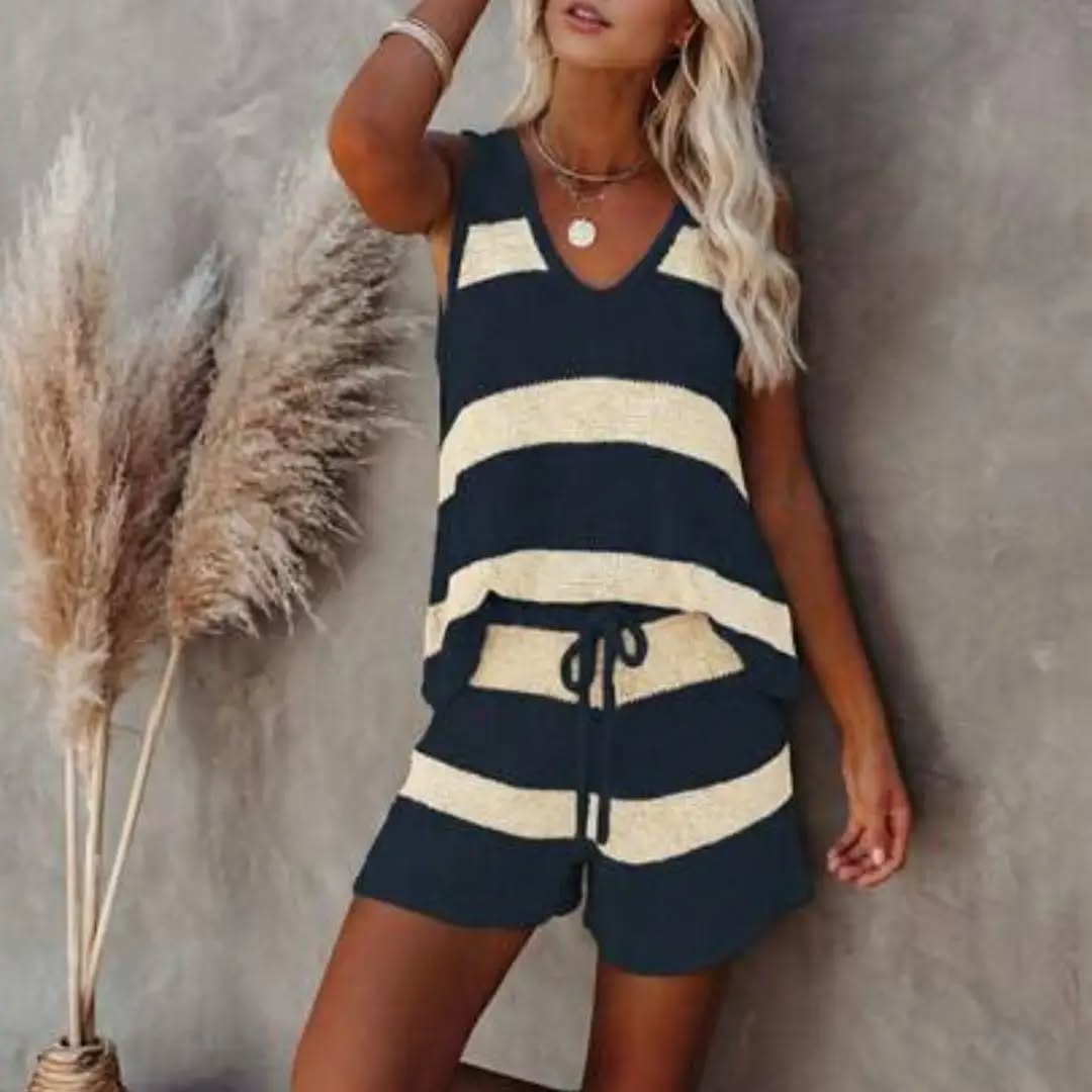 Senya Women's V-Neck Striped Colorblock Ribbed Knit Tank Top & Shorts Casual Vacation Knit Set