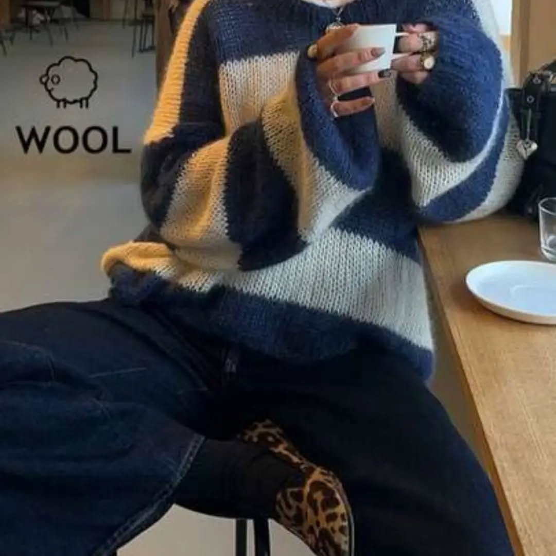 Senya Vintage Women'w Loose Fit Crew Neck Colorblock Striped Long Sleeve Knit Sweater