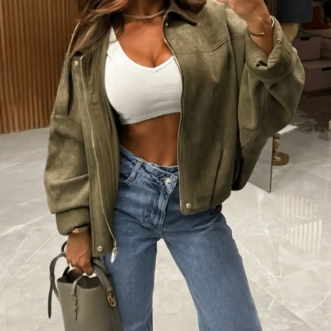 Spring Winter Autumn Dirty Martini Green Suedette Casual Elegant Holiday Jacket Oversized Streetwear Outwears Y2K