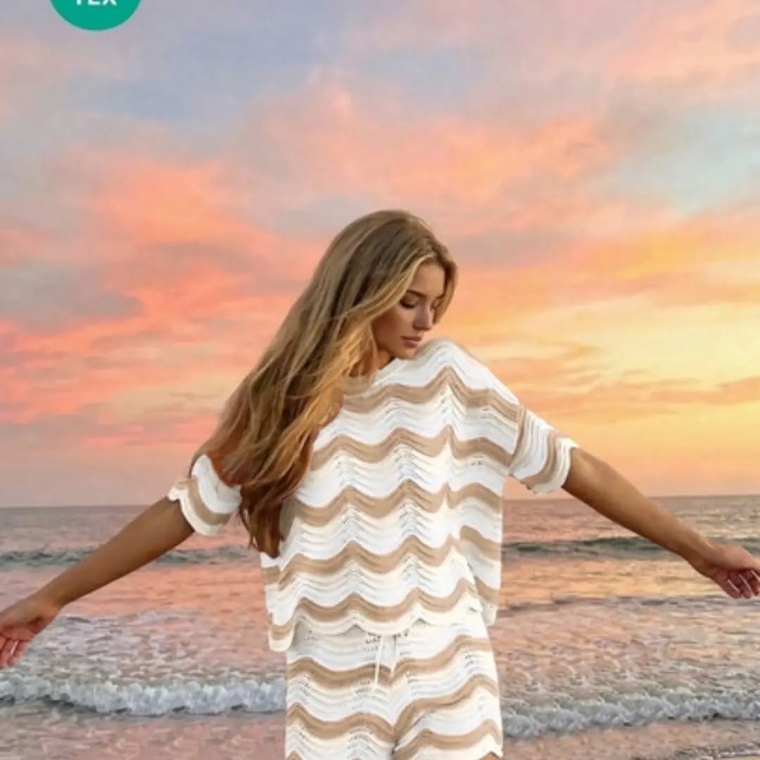 Women's Spring European And American Fashion Hollow Crochet Knit Short Sleeve Top And Casual Shorts Two Pieces Set Summer Vacation Beach