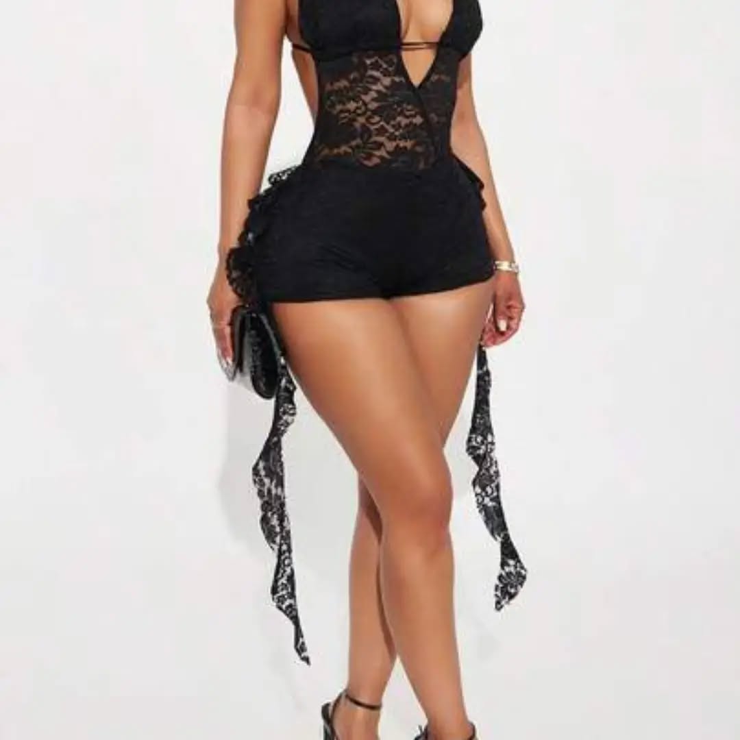 Women's Fashionable Spaghetti Strap Fitted Romper With Semi-Sheer Contrast Lace Camisole