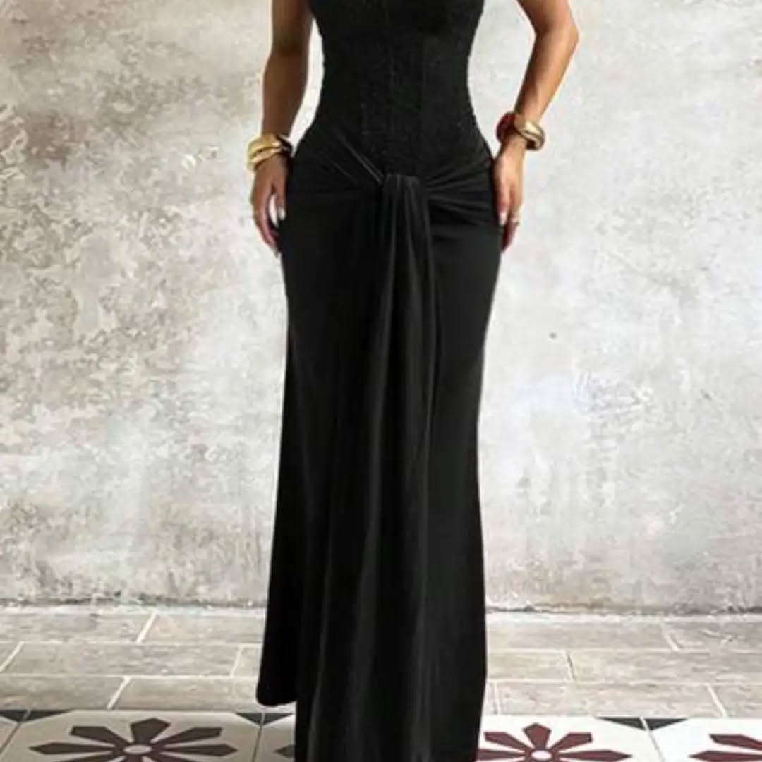Women's Elegant Black Strapless Bodycon Long Dress With Knitted Fabric And Backless Design