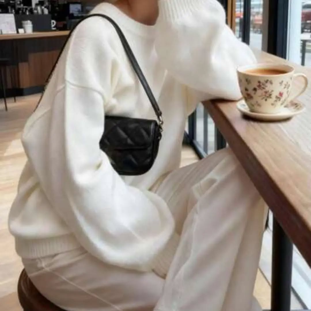 FOR BEAUTY Fall Winter Y2K Women Sweaters White Crew Neck Long Sleeve Knit Pullover Casual Chic Office Daily Going Out Top