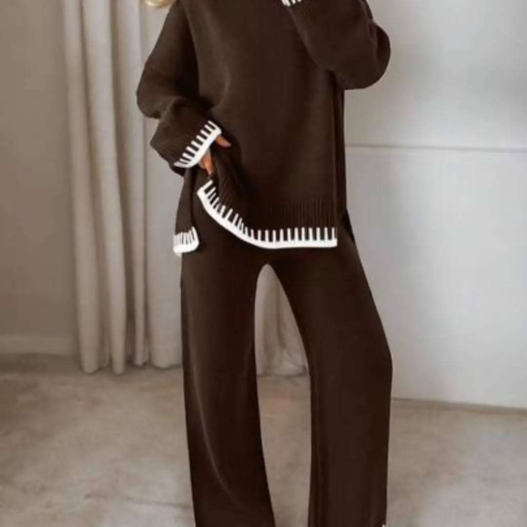 2pcs Women Contrast Color Knit Sweater Set