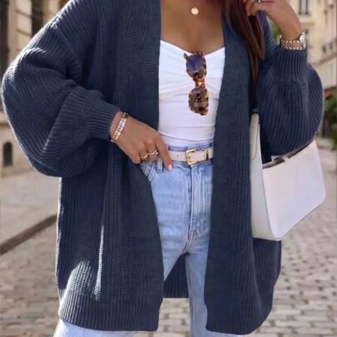 1pc Women's Solid Color Casual Long Sleeve Lantern Sleeve Knit Cardigan