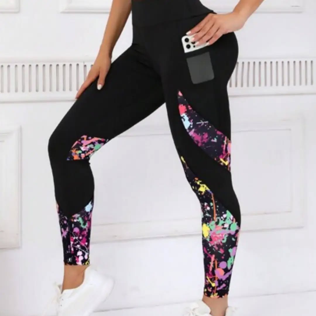 Women'S Contrast Color Print Pocket Design Casual Fitness Leggings Tights Spring Sports