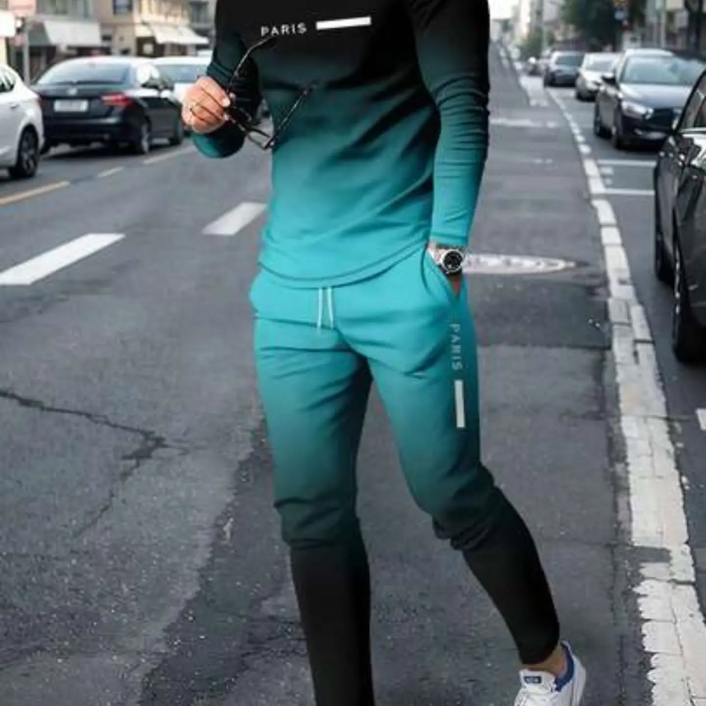 Men Ombre Letter Print Long Sleeve T-Shirt And Pants Set