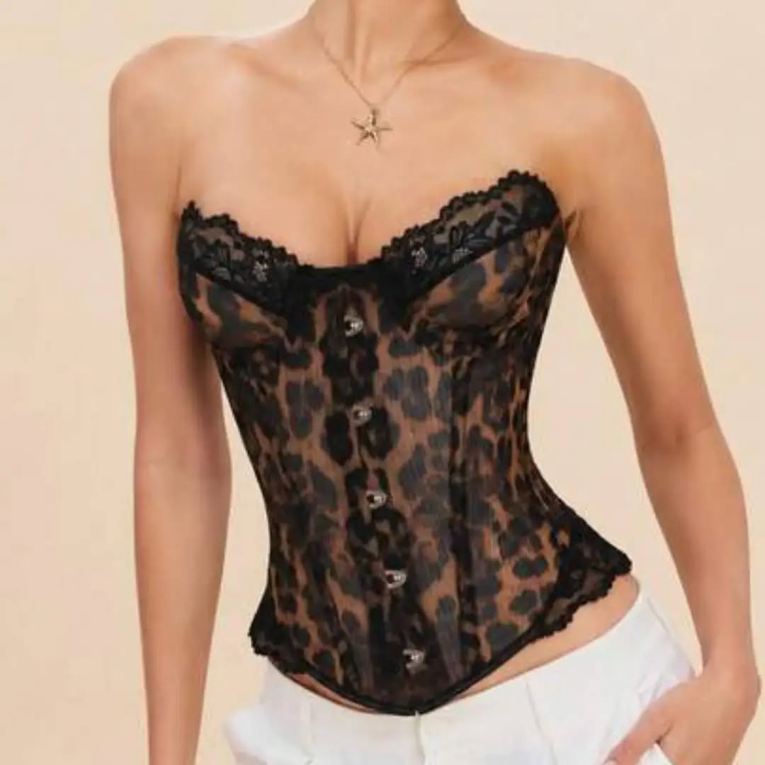 Luna Muse Women's Spring/Summer New Leopard Print Lace Bandeau Bustier Top