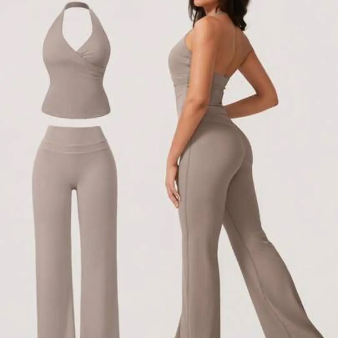 NcmRyu 1 Set Women's Sexy Halter Deep V-Neck Backless Shaping Flared Sports Suit Summer