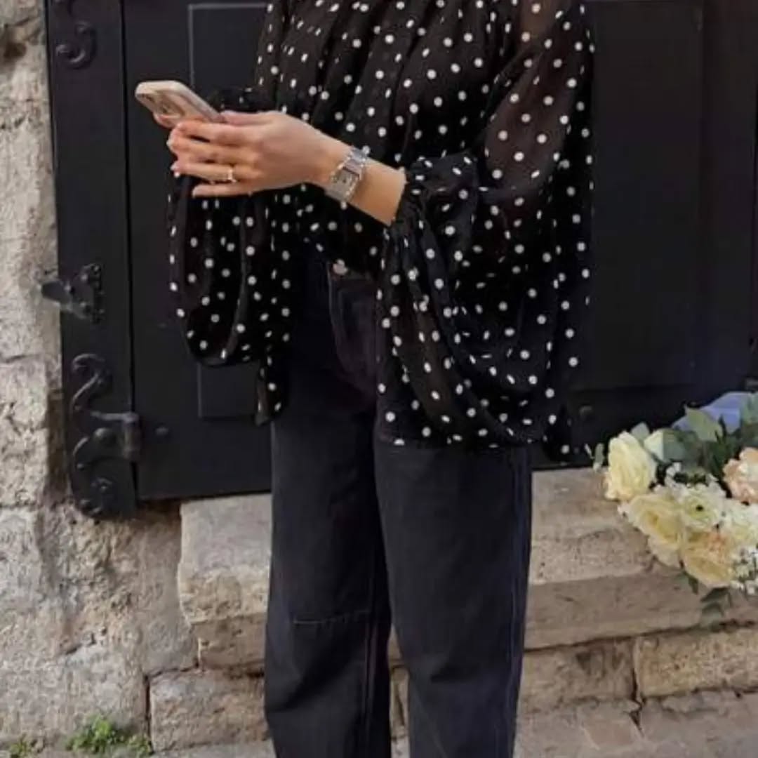 Women's Solid Color Polka Dot Elegant Chiffon Fabric Stand Collar Loose Tie Back Blouse