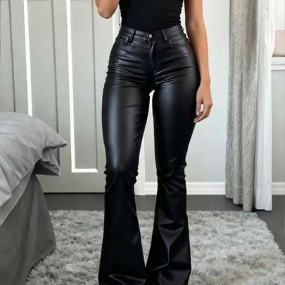 Women's Coated Faux Leather Flare Pants