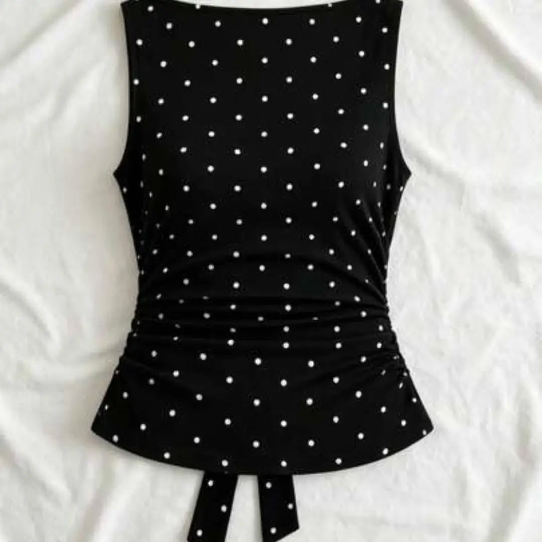 Women's Fashion Plunging Neck Tie Polka Dot Ruched Bandeau Top Casual Black Summer