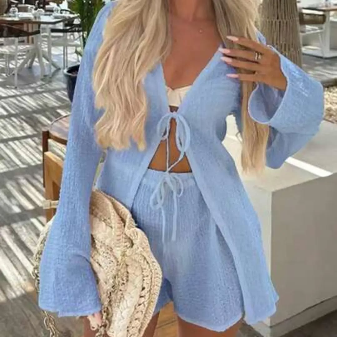 Women's Summer Vacation Style Minimalist Solid Color Textured Fabric Bell Sleeve Front Tie Top And Super Tight Shorts Set