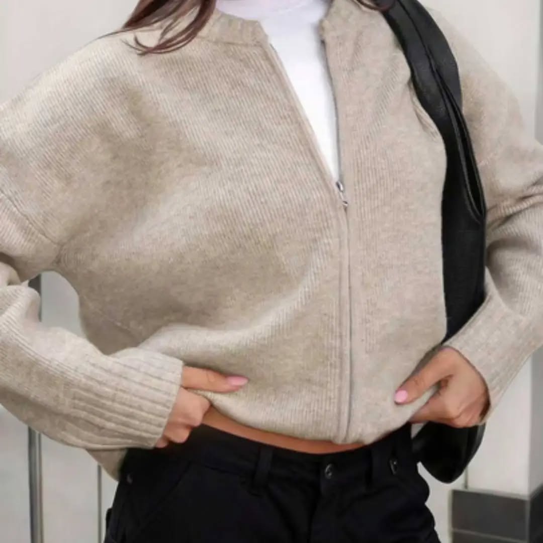 FOR BEAUTY Spring/Autumn New Solid Color Round Neck Zipper Knit Cardigan Women's