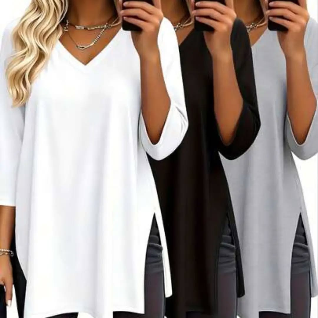 3pcs Solid Color V-Neck Short Sleeve Casual Tops