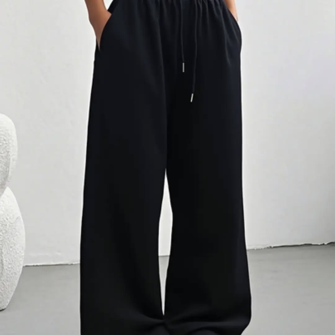 Women's Casual Solid Color Drawstring Waist Sports Pants Black Spring
