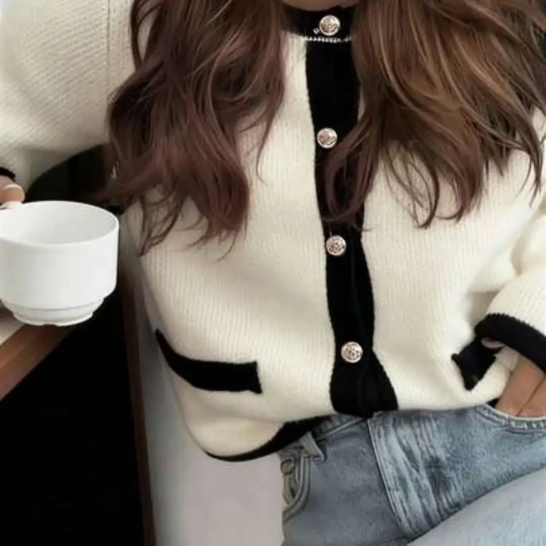 Women's Autumn/Winter New Apricot Y2K Colorblock Round Neck Long Sleeve Knit Cardigan