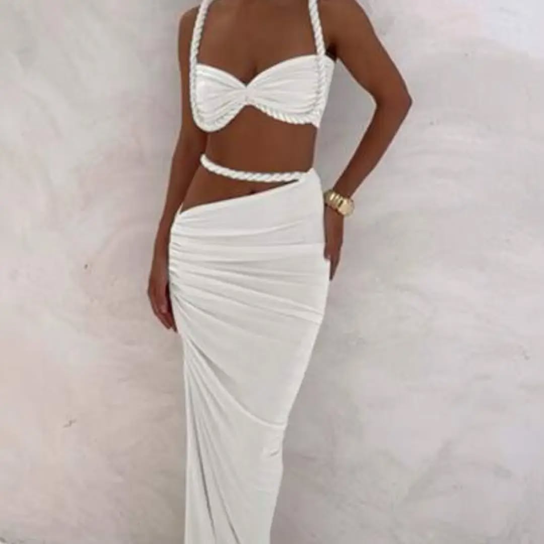 Women's Sexy Backless Camisole And Pleated Long Skirt Set