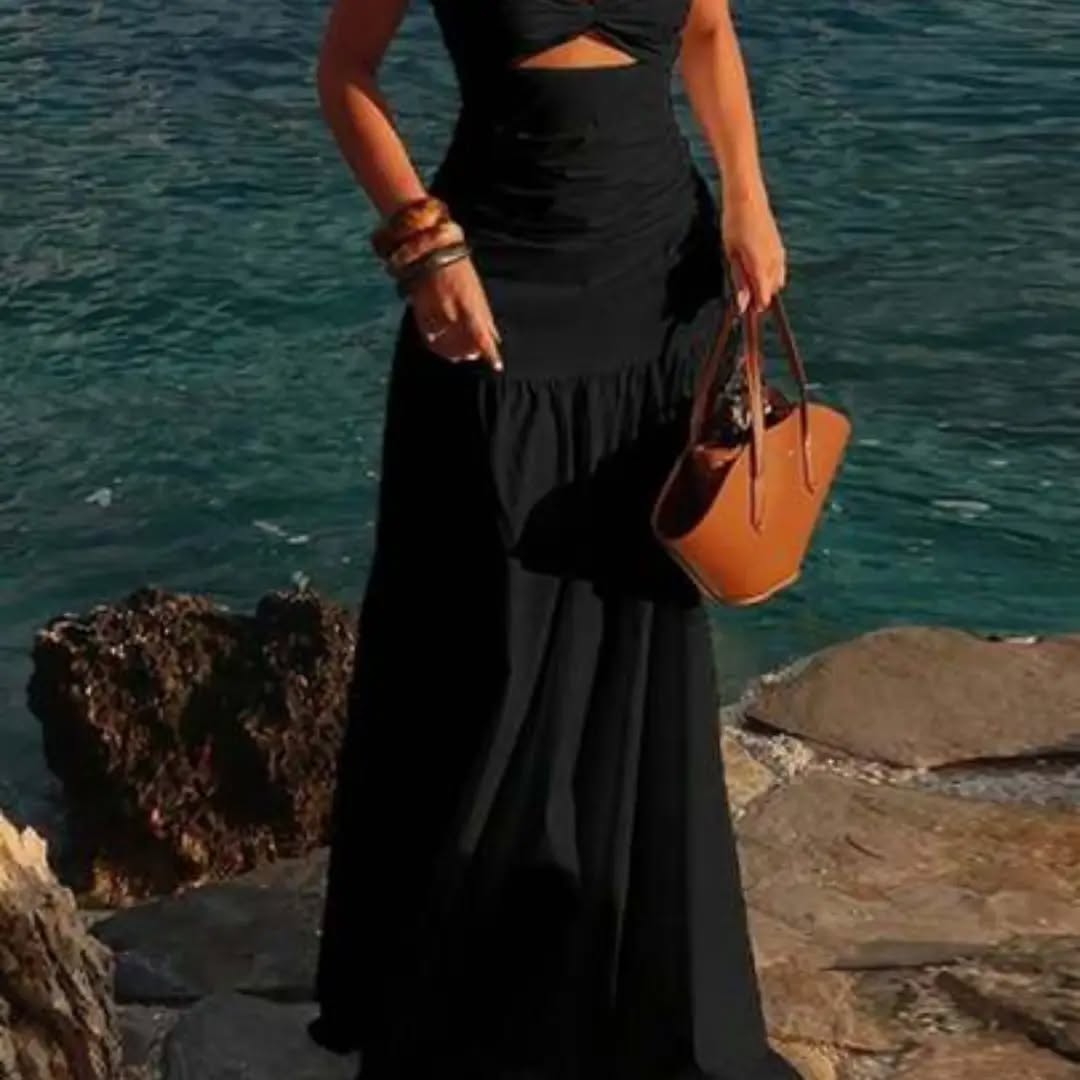 Vacation Beach Sexy Solid Color Twist Hollow Out Dress Black Elegant Summer