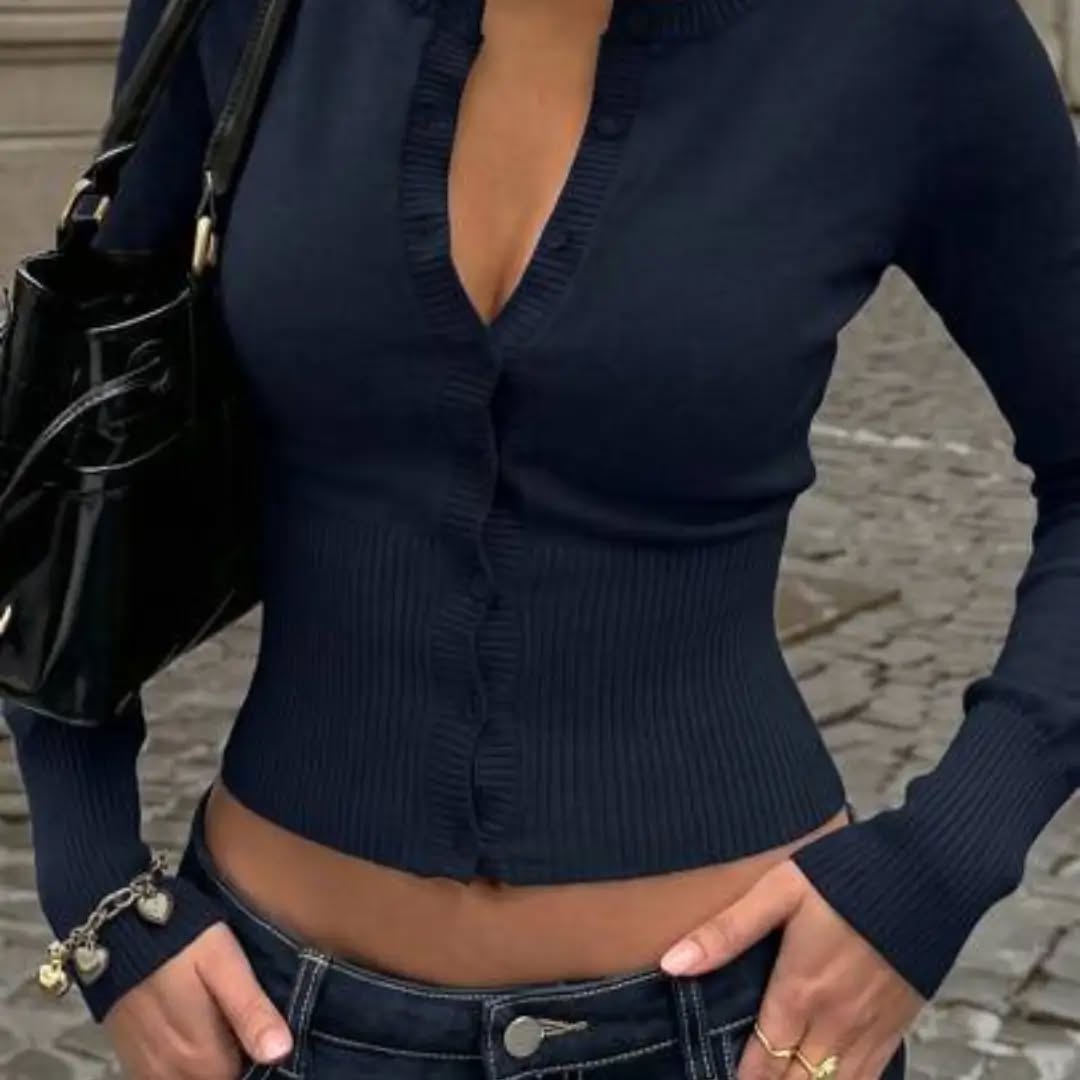 Petite Women's Casual Fashion Navy Blue Round Neck Long Sleeve Waist Fitted Knit Cardigan