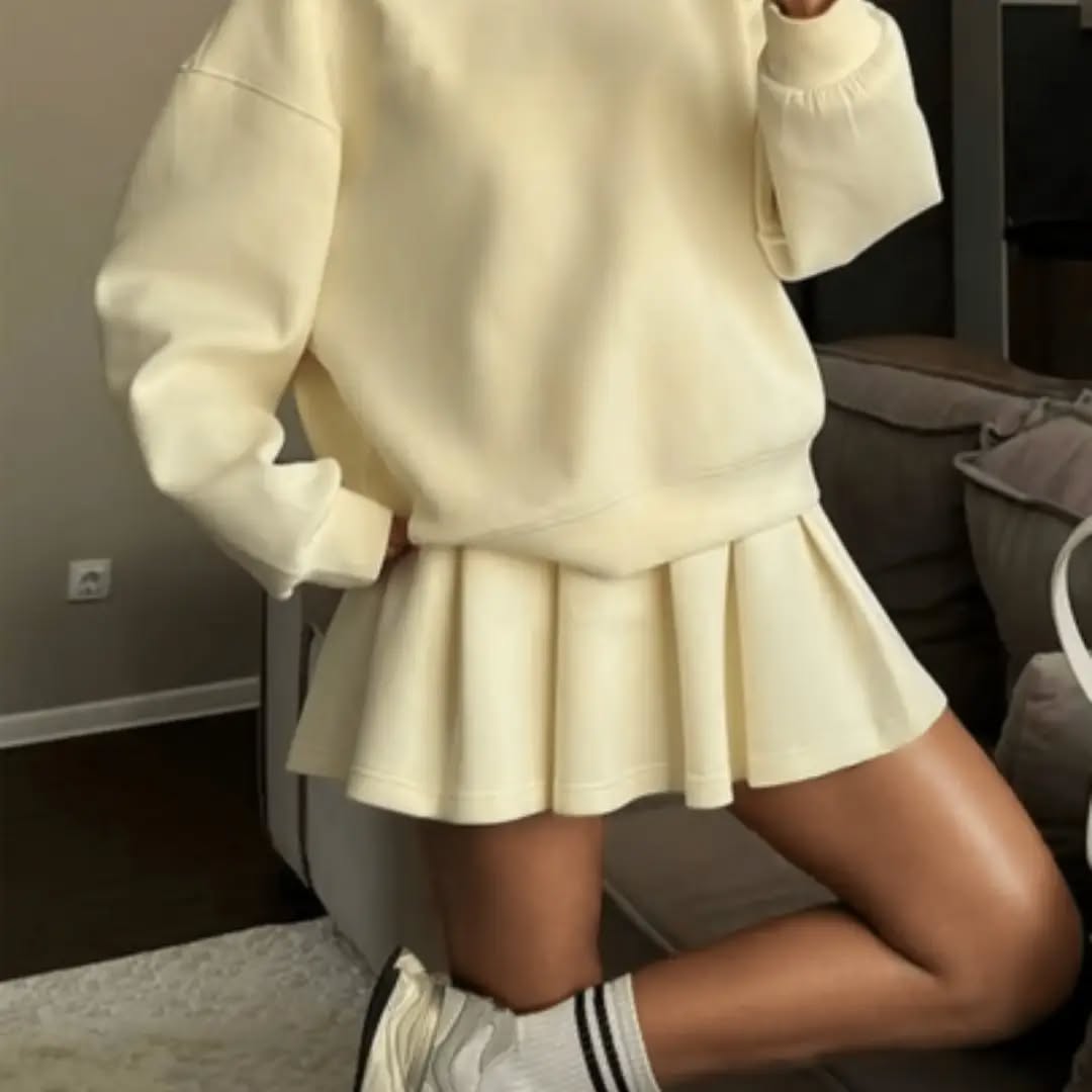 Cream Yellow Loose Sweatshirt + Pleated Skirt | Cute Matching 2 Pieces Set | Suitable For Campus