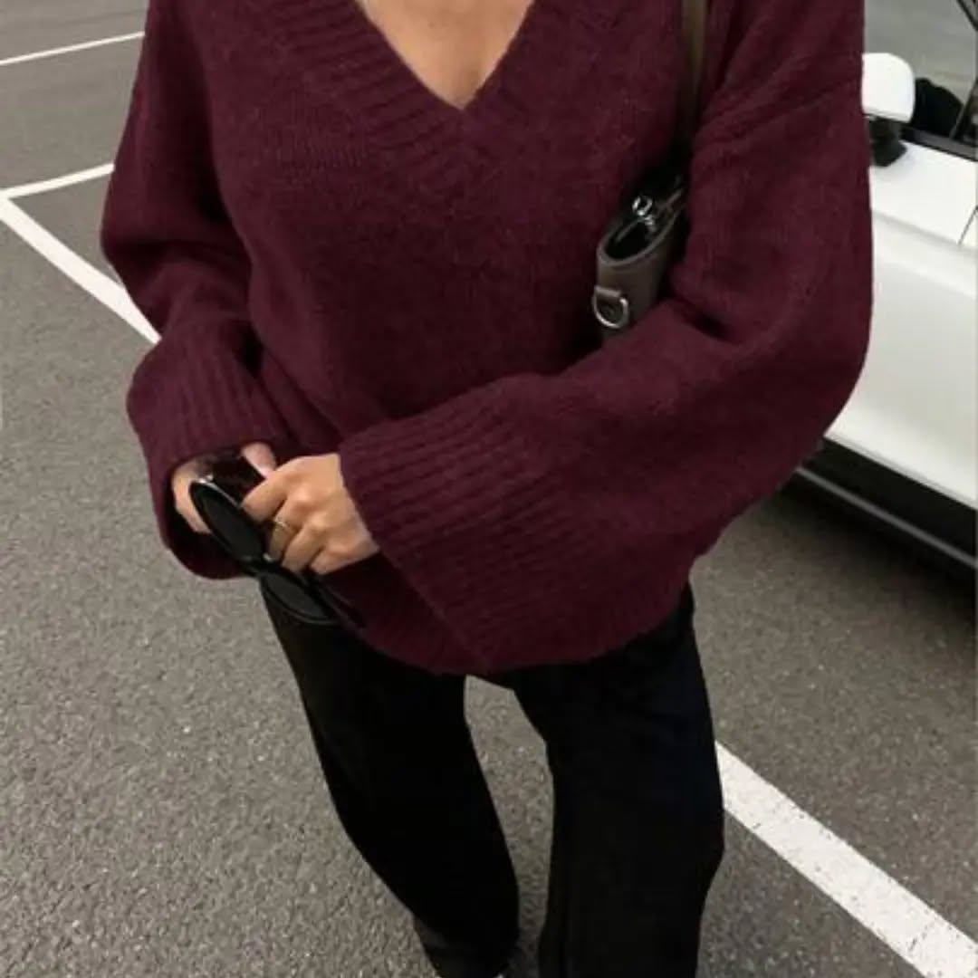 FOR BEAUTY Fall Winter Y2K Women Sweaters Burgundy V Neck Long Sleeve Knit Top Oversized Casual Streetwear Slouchy Office Going Out Outfit