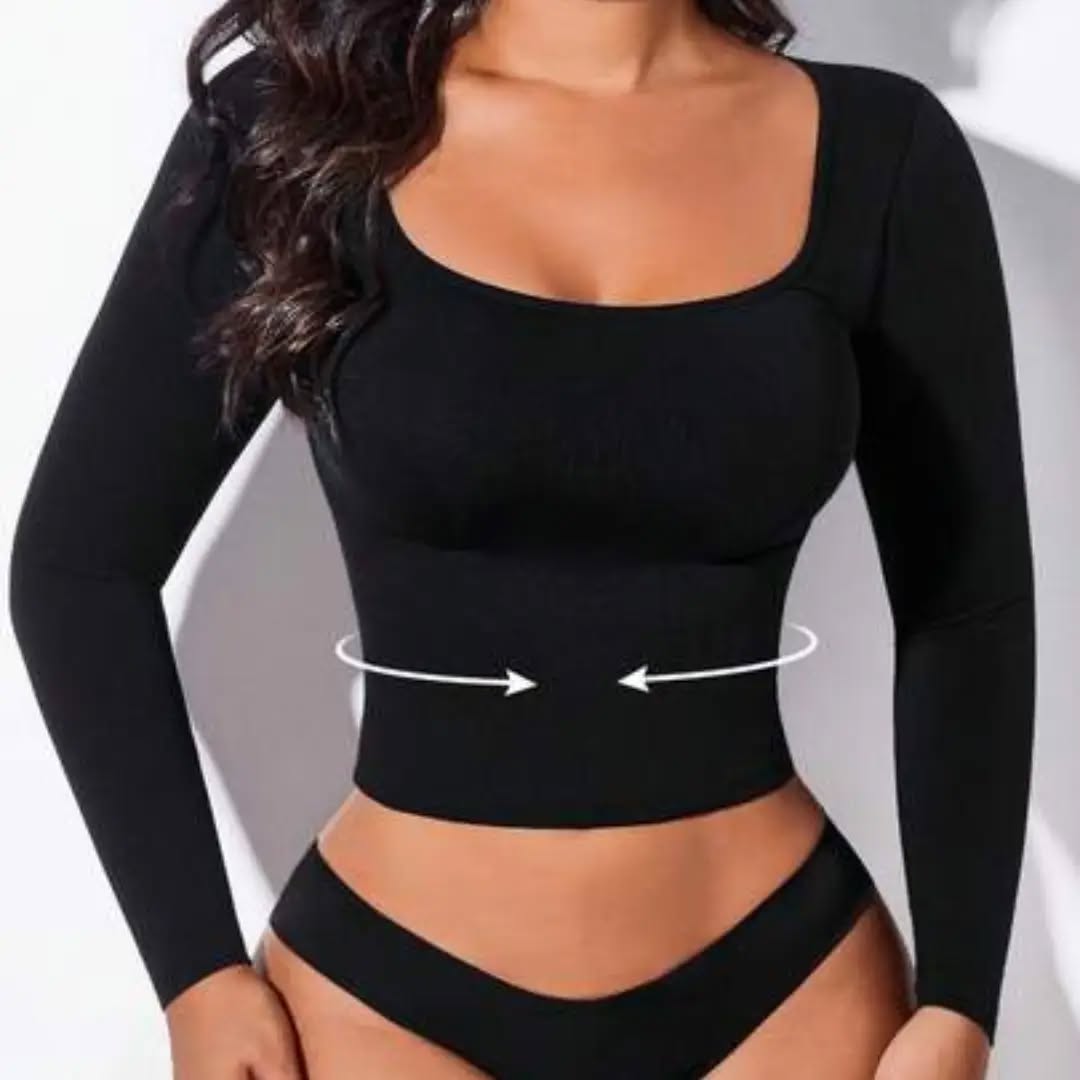 Women Square Neck Long Sleeve Fitted Basic T-Shirt Black
