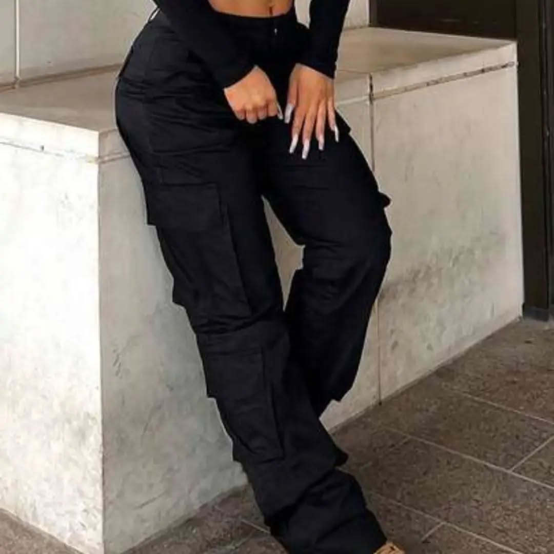 NVFelix Women's Long Slight Stretch Cargo Pants Multi Pockets Button & Zipper Fly Elegant Casual Trousers For Summer Fall Winter Vacation Party Black
