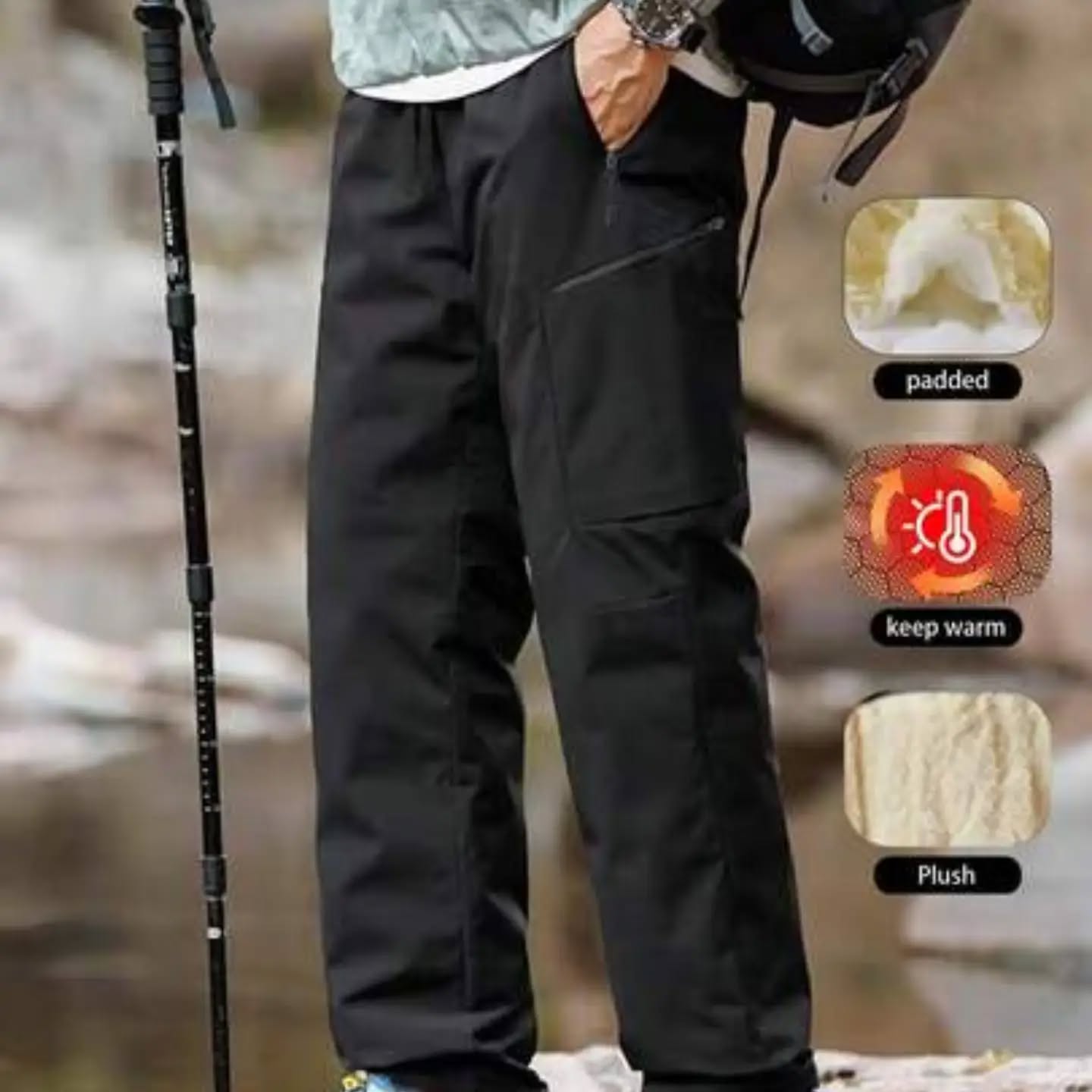 GRIM PANDA Men Winter Ski Pants Fleece Lined Thick Insulated Multi Zip Pockets Reinforced Knee Adjustable Waist Softshell Skiing Trekking Sports