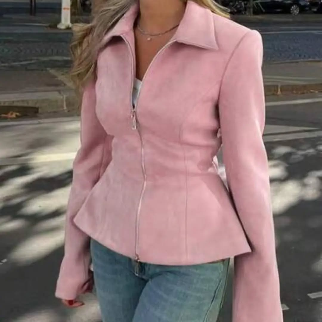 Women's Solid Color Faux Suede Zip-Up Collar Vintage Jacket