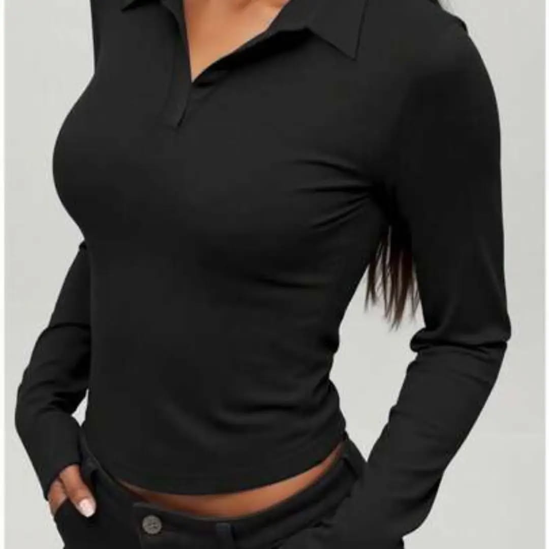 Women's New Autumn/Winter Casual Sports Tight-Fit Polo Collar V-Neck No-Button Long Sleeve Top