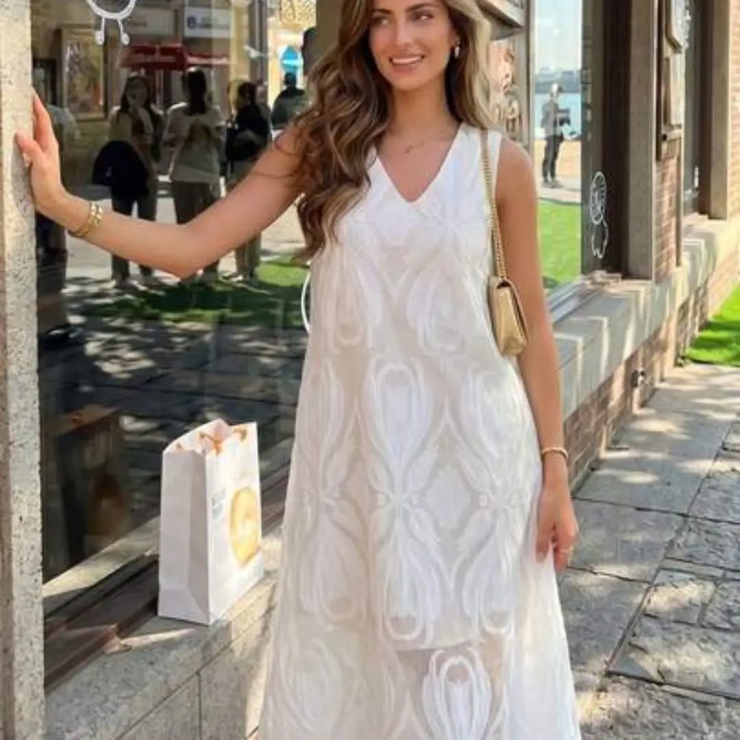 Women's Summer Casual Vacation Jacquard V-Neck Sleeveless Loose Dress Elegant